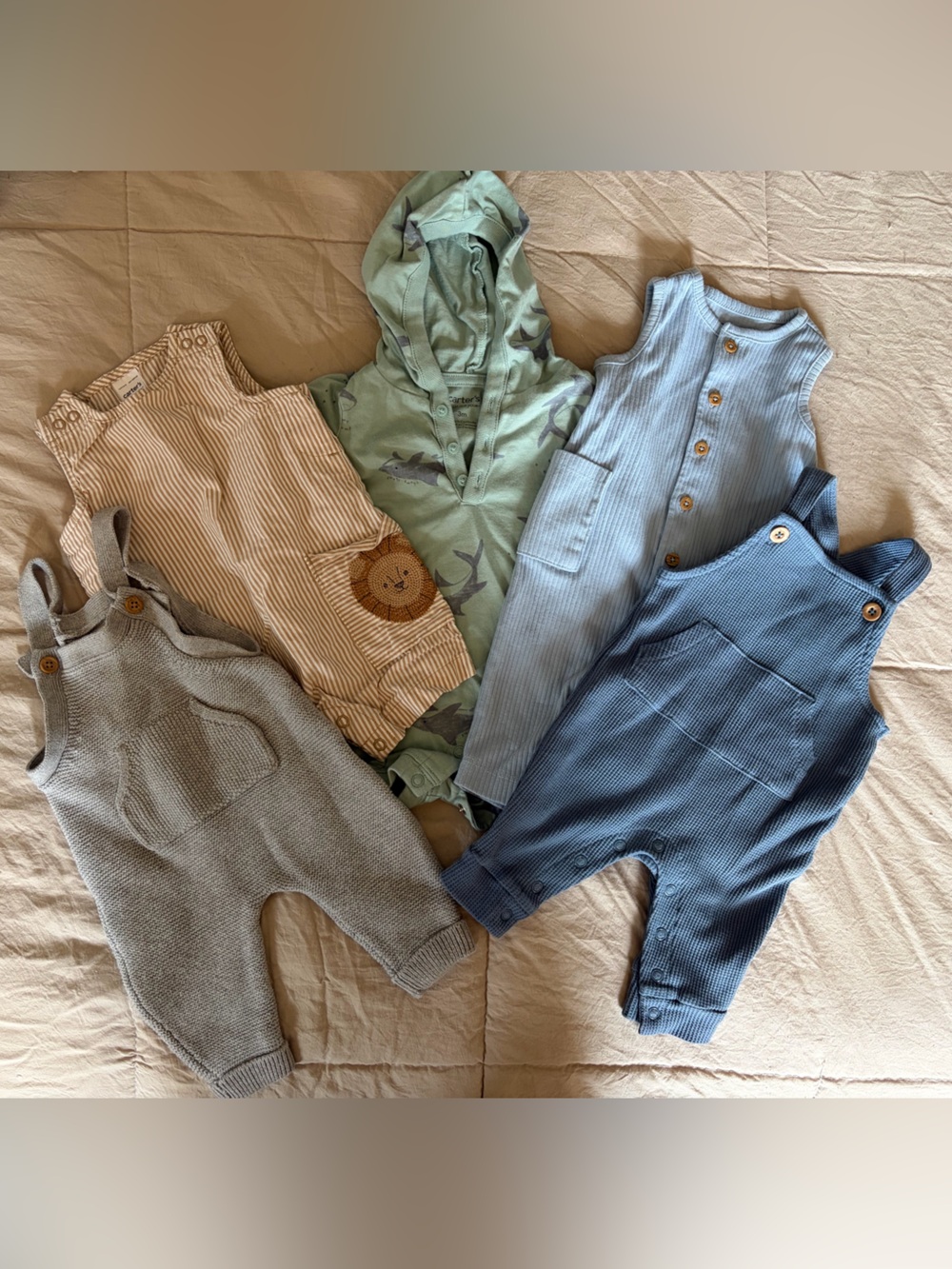 Carter's Neutral & Blue Mix Baby One-Piece Overalls Set